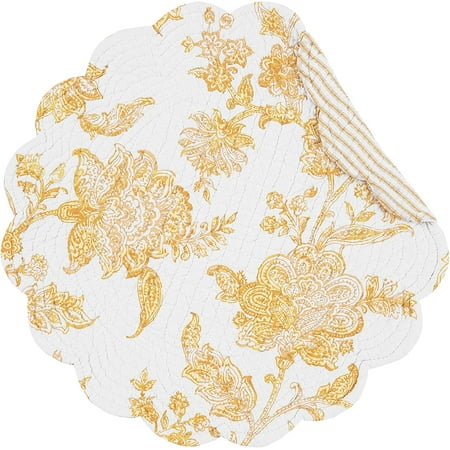 

Miriam Ochre Round Quilted Reversible Placemat Set of 6 Yellow and White Damask Elegant Reverse to Yellow and White Stripe Round Placemat Set of 6 Yellow
