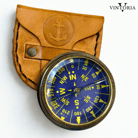 Antique Brass Pocket Compass with Leather Case