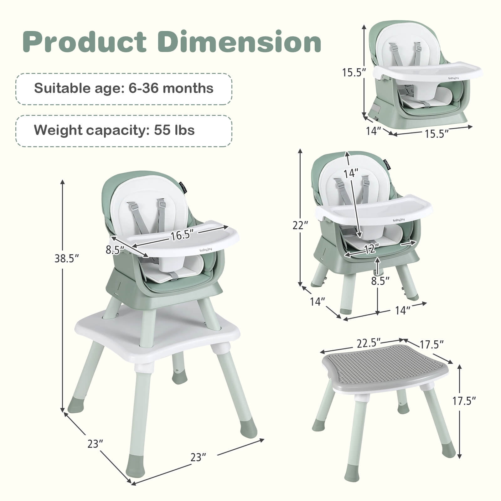 Babyjoy 8-in-1 Baby High Chair with  Double-layer Cushions Multifunctional Toddler Green