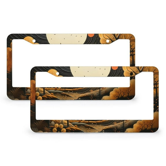 License Plate Cover Moon And A Tree in An Autumn Forest Auto Car Accessories Tag 2 Pack Harvest Seasonal Orange Quality Aluminum Metal License Plate Frame Fits All Car