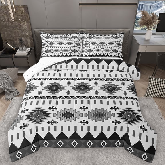 Homewish Triangle Rhombus Geometric Bedding Comforter Set,Vintage Bohemian Aztec Twin Comforter Sets,Gray White Bedding Set For Adults,Luxury Bedroom Decor Reversible,2pcs