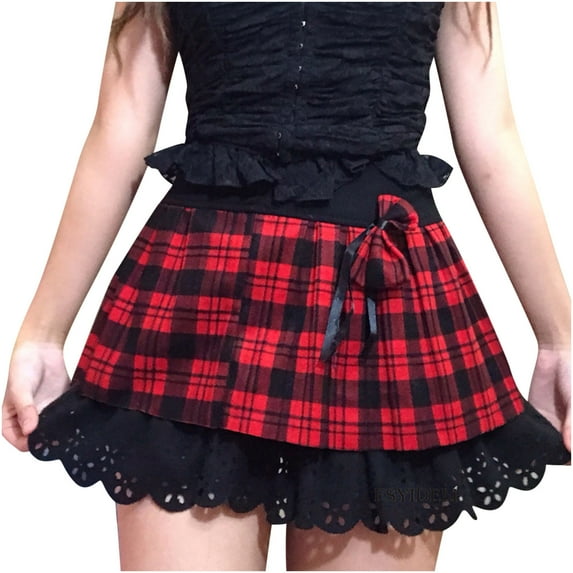 IROINNID Short Elastic Waist Skirt For Women Fashion Skirt Strap Ladies Skirts Plaid High Waist Bow-knot Skirt Print Skirt