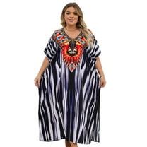 Wave Neck Kaftan Dresses for Women Boho Print Maxi Beach Dress Long Caftan Loungewear Summer Vacation Outfits Resort   Wear Tunic Moomoo House Dress