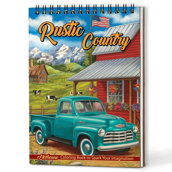 NETHOUSE Rustic Country Coloring Book Spiral Bound for Adults, A5 Wooden Cover, 30 Cozy Coloring Pages of Rural Life for Stress Relief and Relaxation