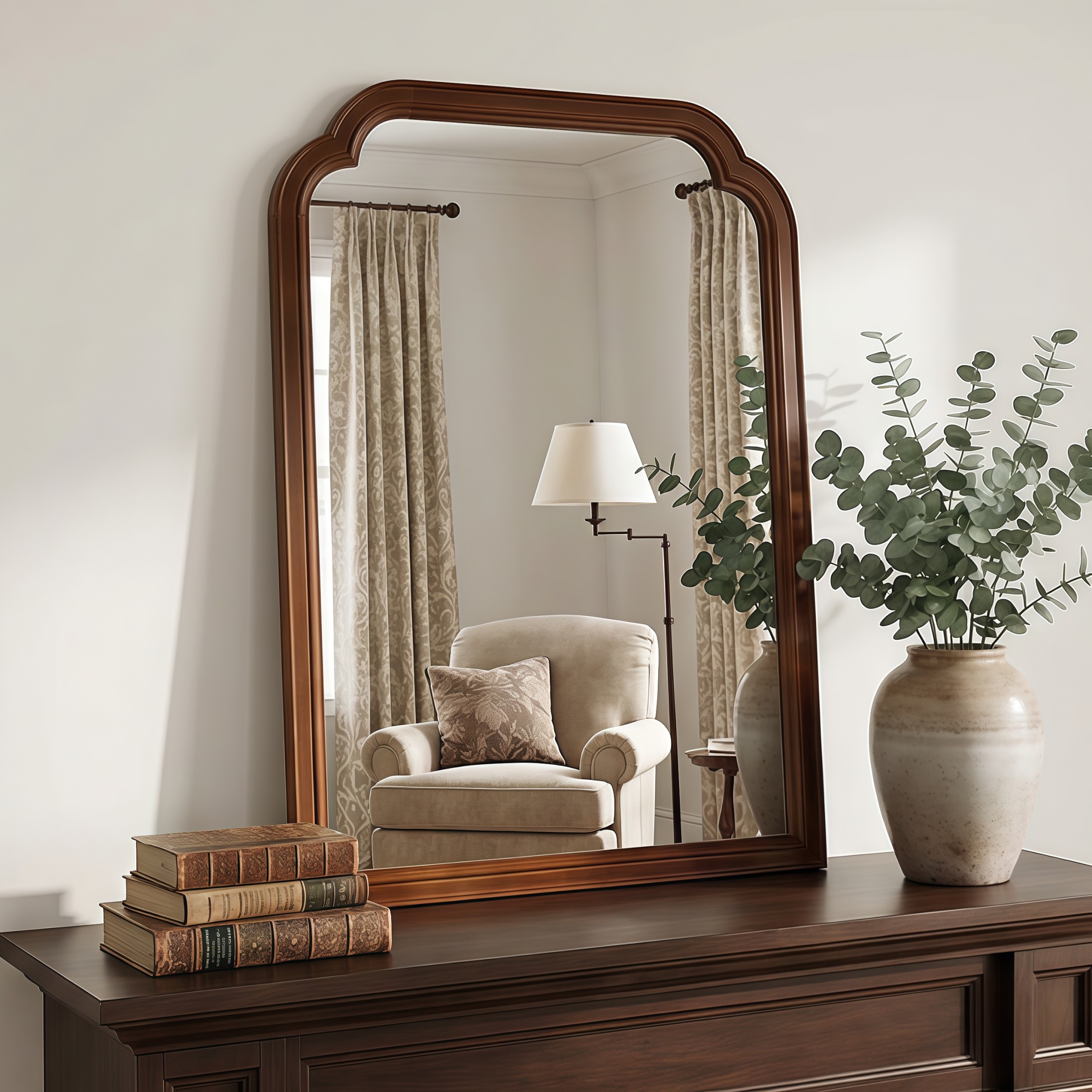 Noble House 24"x36" Rounded Corner Solid Wood Wall Mirror, Decorative Bathroom Rectangle Accent Mirror, Walnut