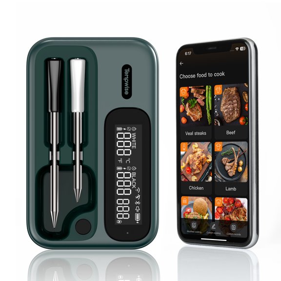 Thermomètre Alimentaire Wi-Fi 2.4G&5G Thermomètre à Viande Sans Fil Barbecue Cuisson, Stockage de Données 80min TNT-2BW