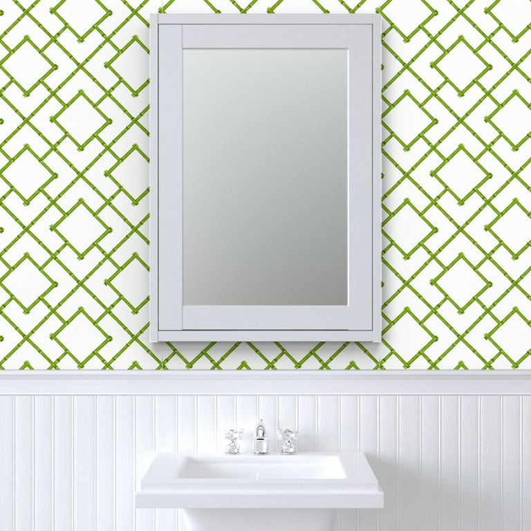 Green Powder Room with Green Trellis Bamboo Wallpaper - Transitional -  Bathroom