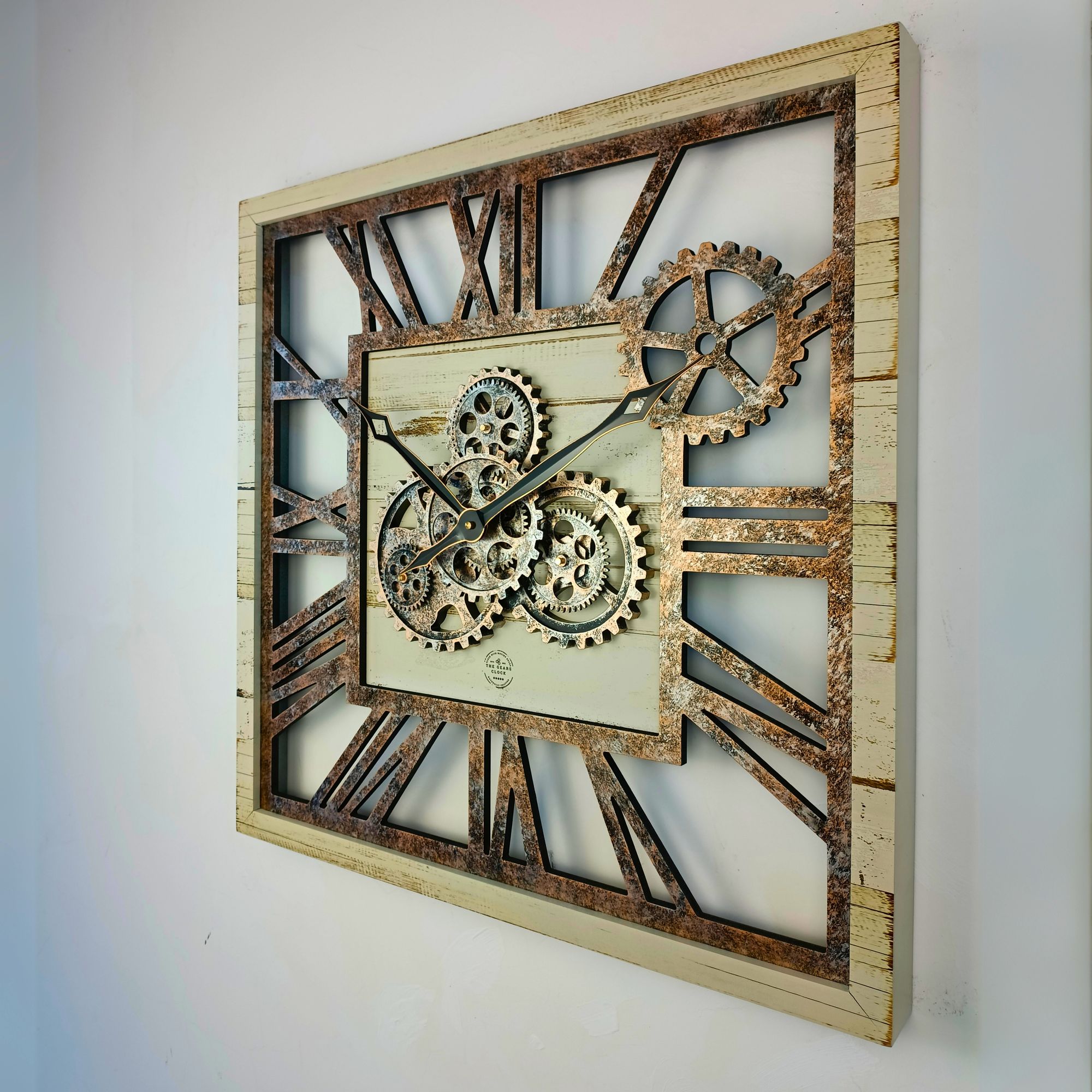 THE GEARS CLOCK Wall Clock with Real Moving Gears AM-LI_ 24 in Square Desert-Beige