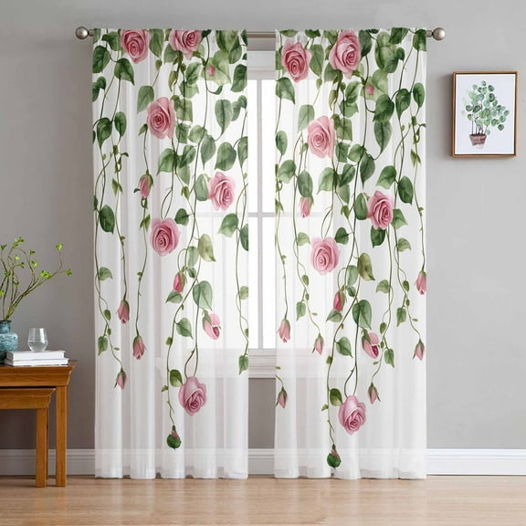 Pink Spring Floral Sheer Curtains 96 Inches Long 2 Panels Set, Window Sheer Curtains for Living Room/Bedroom, Green Summer Botanical Light Filtering Rod Pocket Curtain 52'' x 96'' x 2