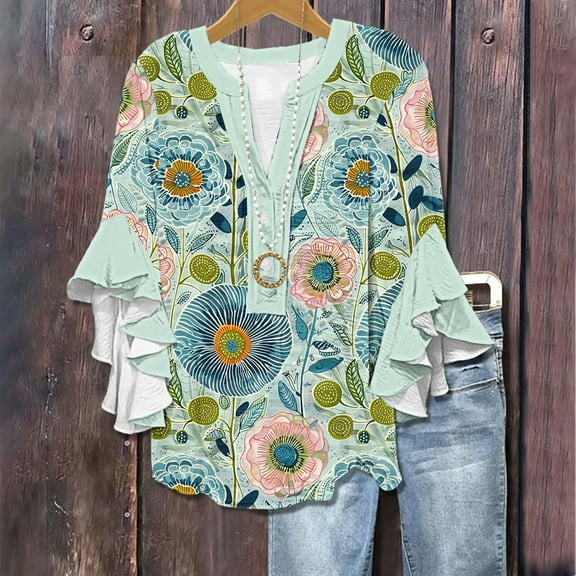 Blue Womens Summer Tops Womens Tops 3/4 Length Sleeves Floral Shirts Flowy Ruffle Sleeve Tops Half Button Down Shirt Summer V Neck Blouse Shirts for Women