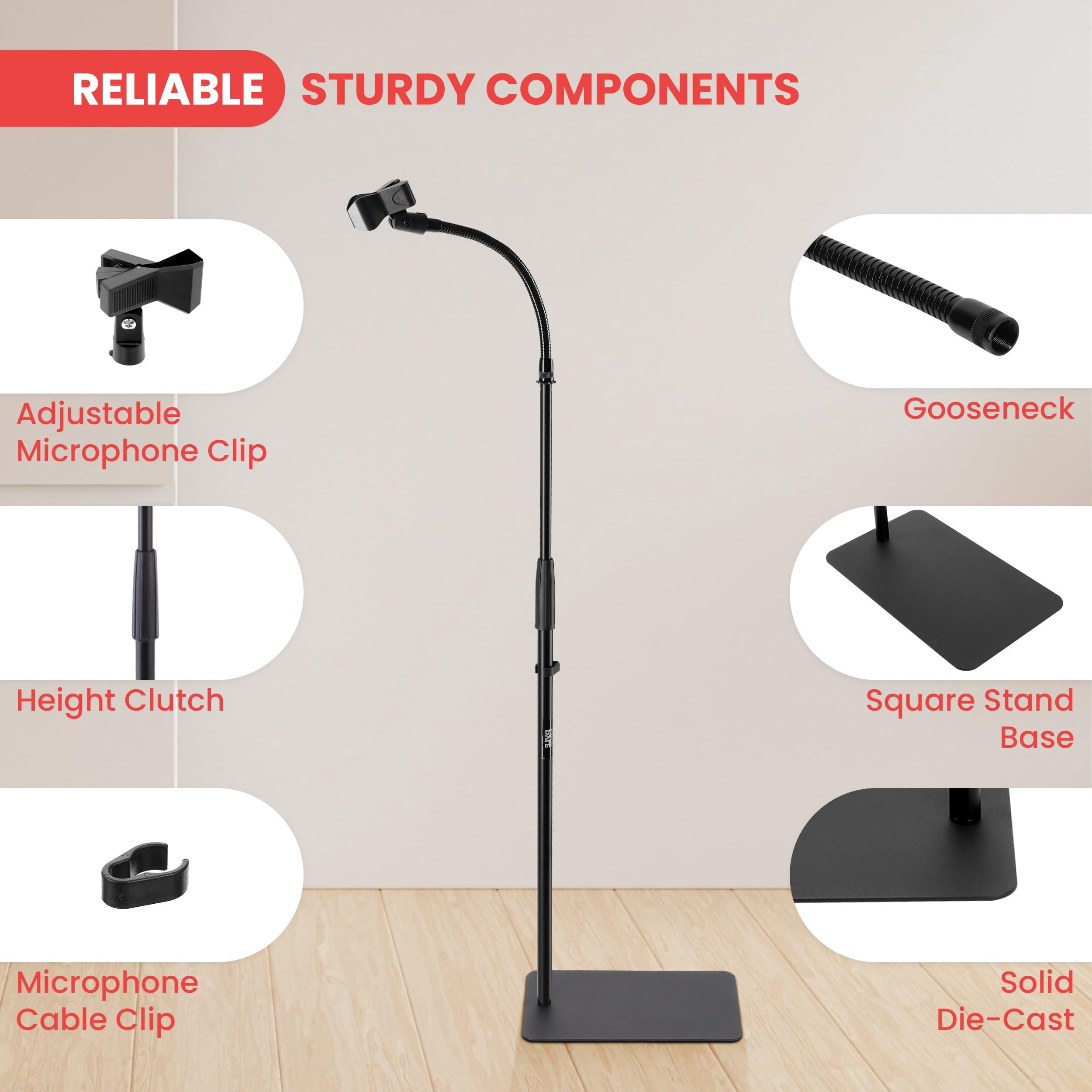 Pyle Square Base Gooseneck Microphone Stand with Mic Clip - Heavy Duty, Height Adjustable, 49.20" to 76.38”, Solid Die-Cast Base, Studio & Concert Use, Universal 5/8'' Adapter, Cable Clip Included