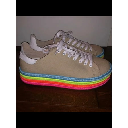 

SCHUTZ Womens Beige Striped Braided Comfort Clover Round Toe Platform Lace-Up Athletic Sneakers 7 B