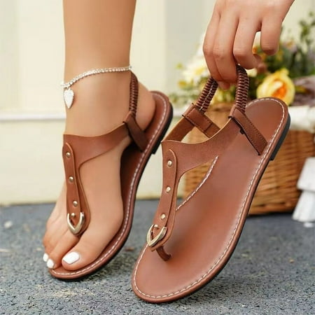 

XWQLWY Women s Summer Flat Sandals Retro Style Open Toe Ankle Strap Slip-on Faux Leather Shoes