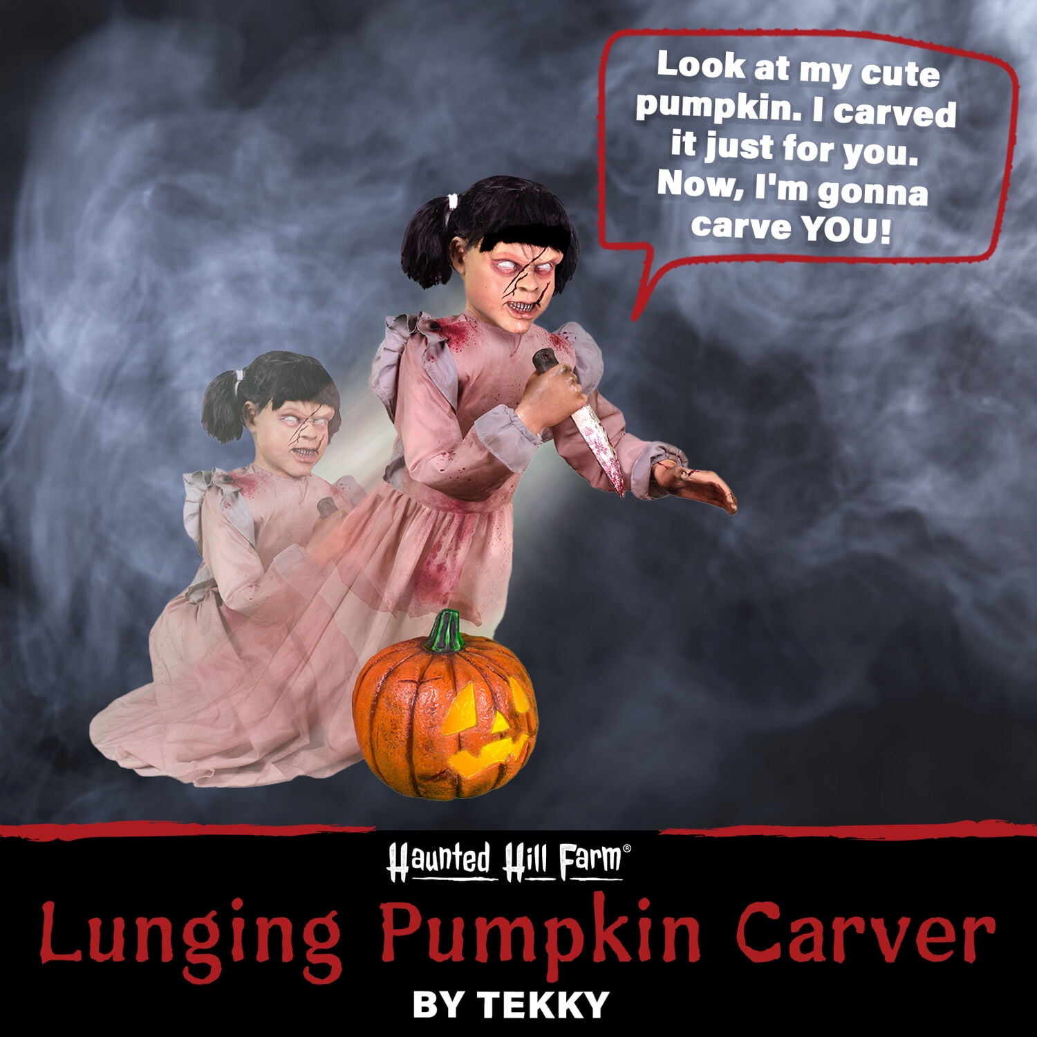 Lunging Pumpkin Carver Zombie Girl with Jack O'Lantern by Tekky,  3.2 ft Premium Talking Halloween Animatronic, HHPMPCVR-FLSA