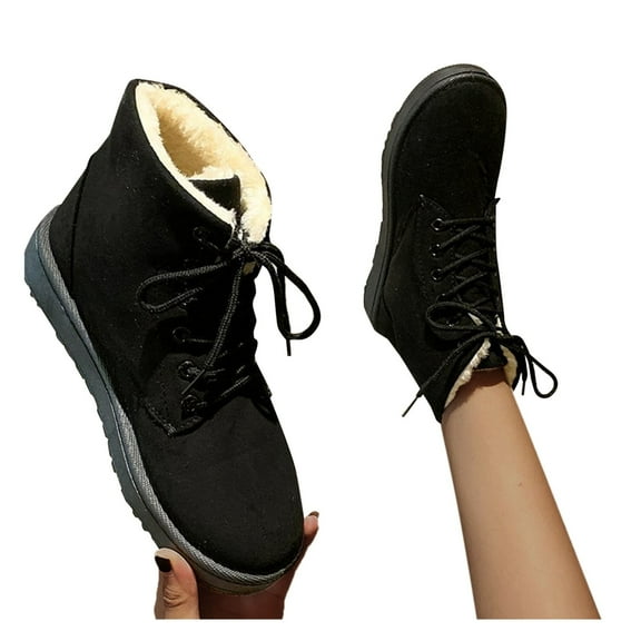Chenyee Women's Winter Fuzzy Boots Comfortable Fleece Lined Suede Lace Up Flat Snow Warm Combat Booties