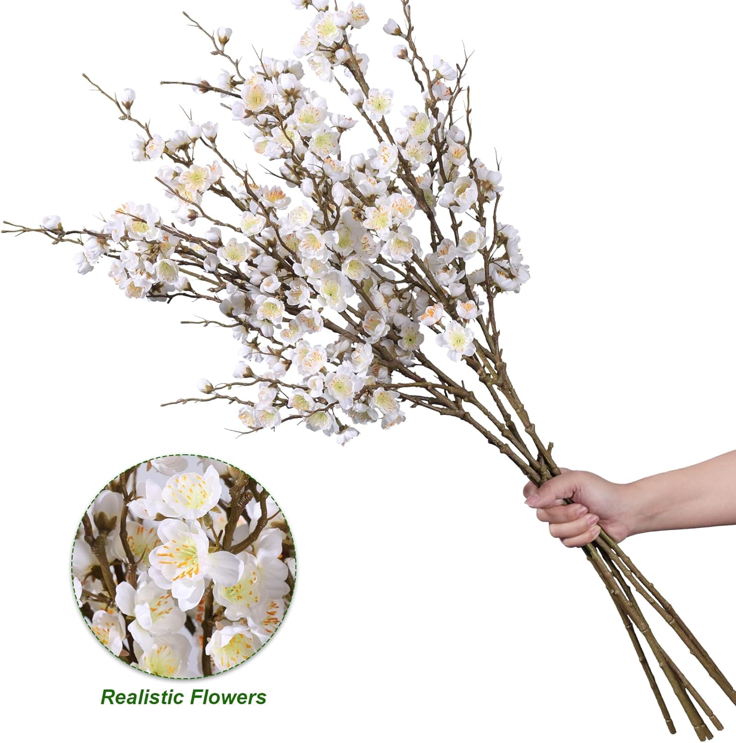 6 PCS Artificial Cherry Blossom Branches Spring Indoor Decoration, Faux Yellow Silk Flowers 34.45" Long Stems Real Touch Plum Fake Peach Plants for New Year Wedding Home Bedroom Table Office