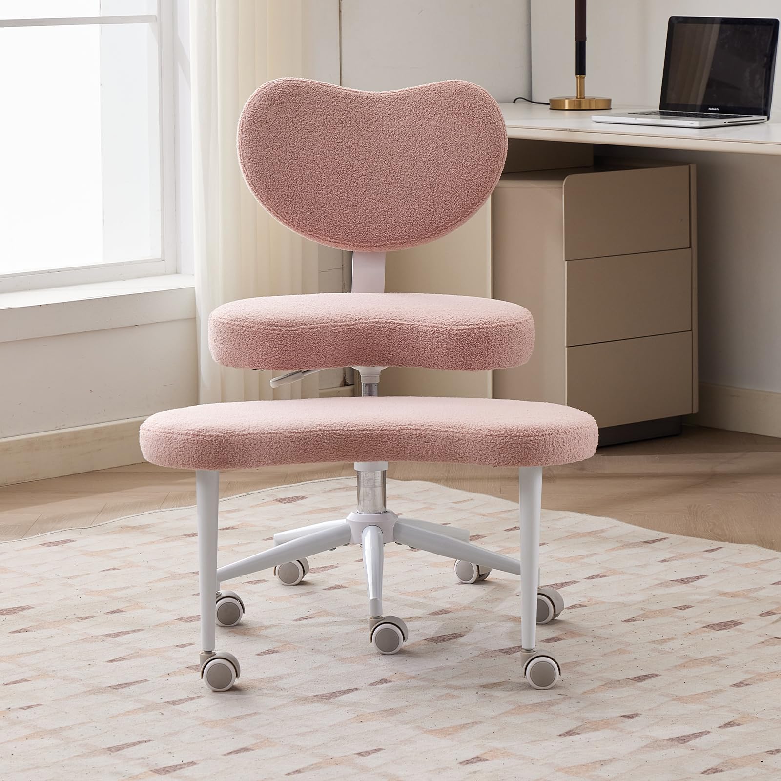 Pawverly Cross-Legged Meditation Chair with Wheels, Adjustable Height Yoga Office Chair with Lumbar Support, Ergonomic Criss Cross Desk Chair for Adults, Pink Teddy
