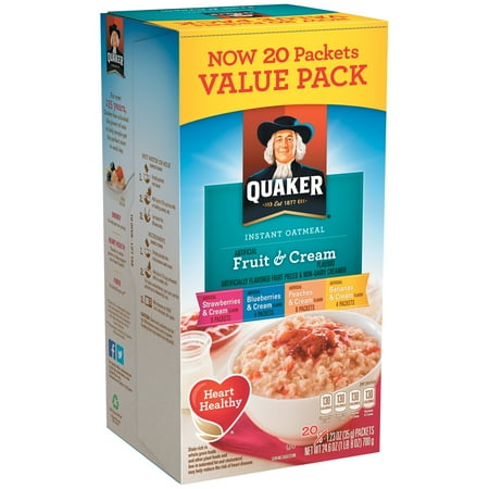 Quaker Instant Oatmeal Fruit and Cream Variety Pack, Breakfast Cereal, 1.23 oz Packets, 20 Count