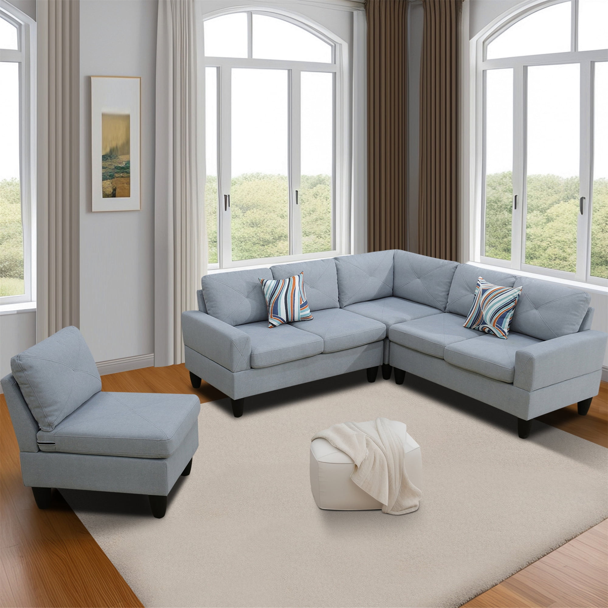Aukfa 6-Seater L Shaped Sectional Sofa Modular Couch for Living Room, 2Pillows, Flannel, Light Gray