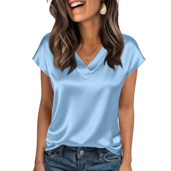 Textilo Silk Satin Tops for Women Cap Short Sleeve V Neck Blouse Solid Color Shirts Summer Business Work Loose Classic Pullover Tops,Light Blue XL