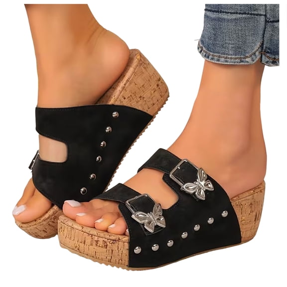 Rokment Butterfly Platform Wedge Sandals for Women Fashion Comfortable Orthopedic Arch Support Walking Slip on Beach Casual Chunky Heeled Dress Slides Black Size 6.5