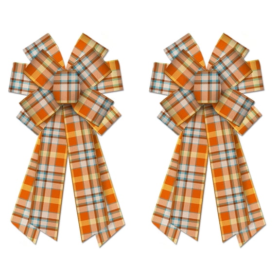 Hying 2PCS Large Fall Bows for Wreath, Autumn Wreath Bow Orange Buffalo Plaid Bows