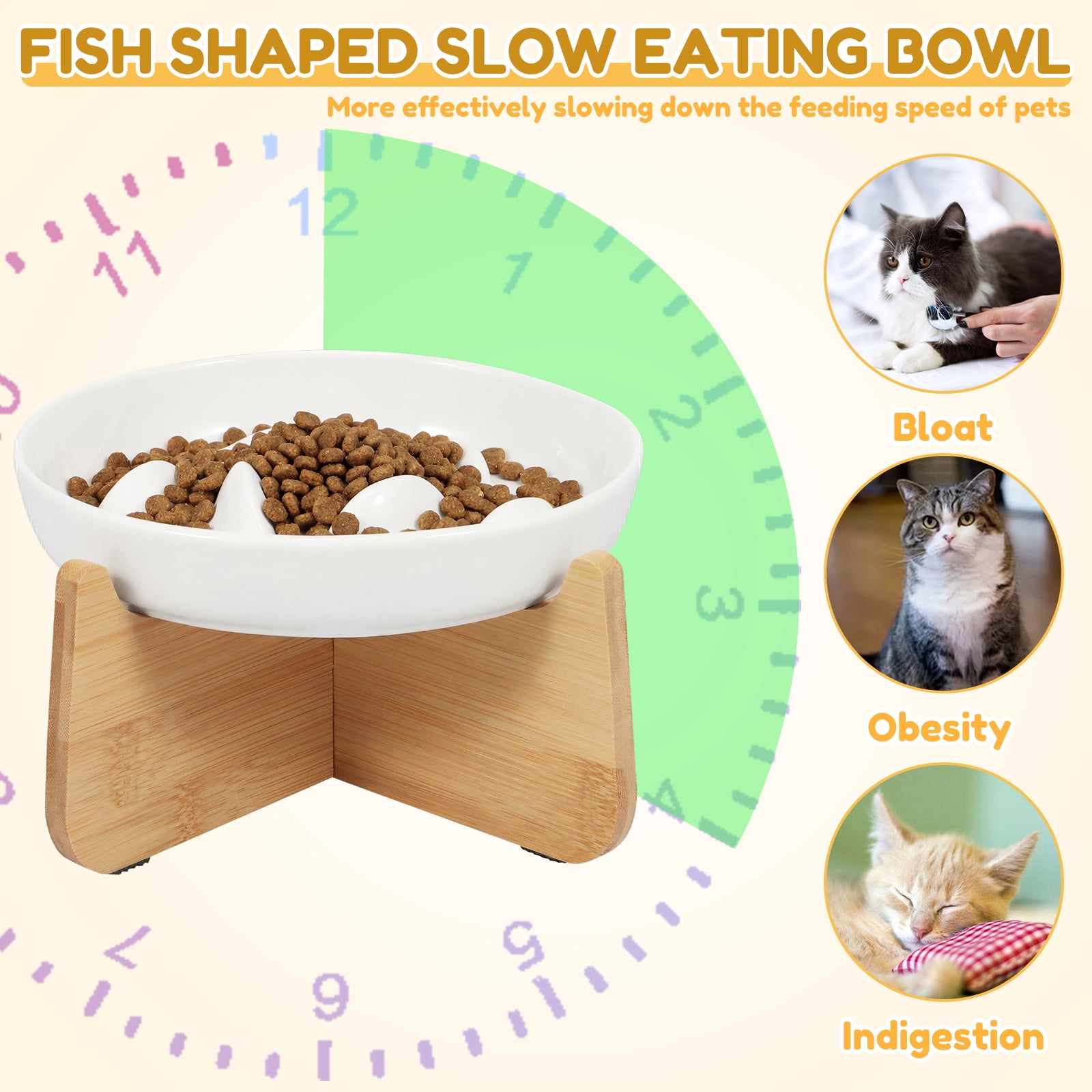 2Pcs Slow Feeder Cat Bowl with Wooden Stand Anti Vomiting and Non Slip Ceramic Raised Pet Food Bowl for Cat and Small Dog