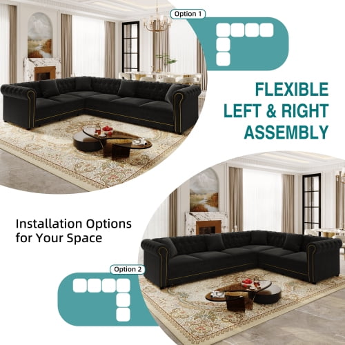 115.3" L-Shaped Velvet Sofa Bed, Button Tufted Pull-Out Sleeper, Gold Trim Rolled Arms, Black