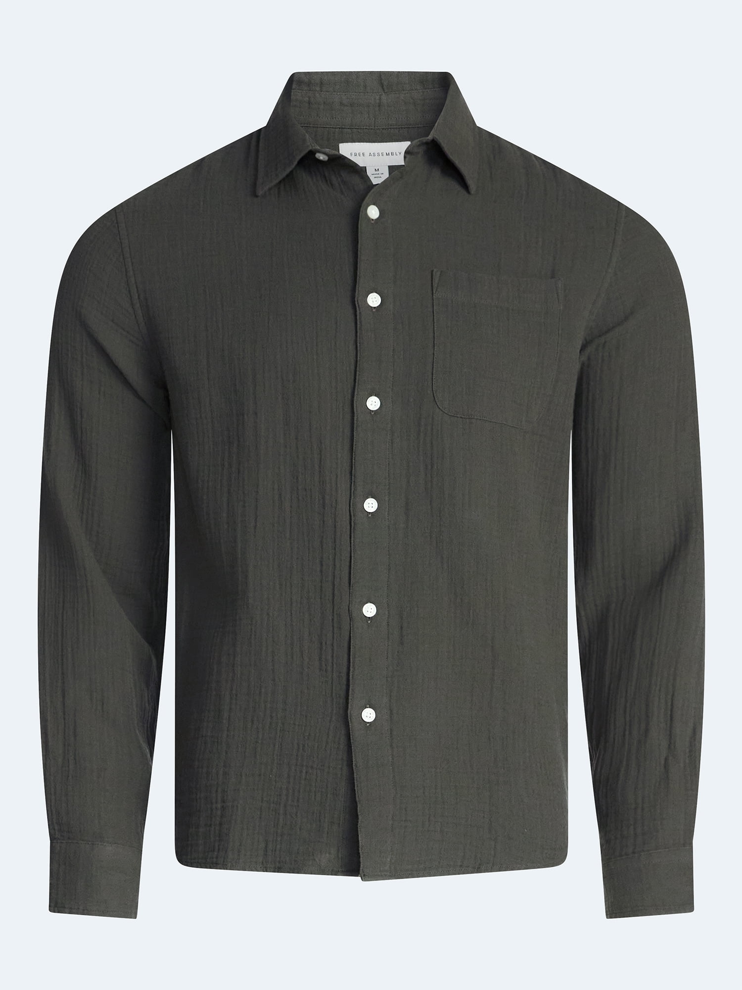 Free Assembly Men's Button Front Double Cloth Shirt with Long Sleeves, Sizes XS-3XL