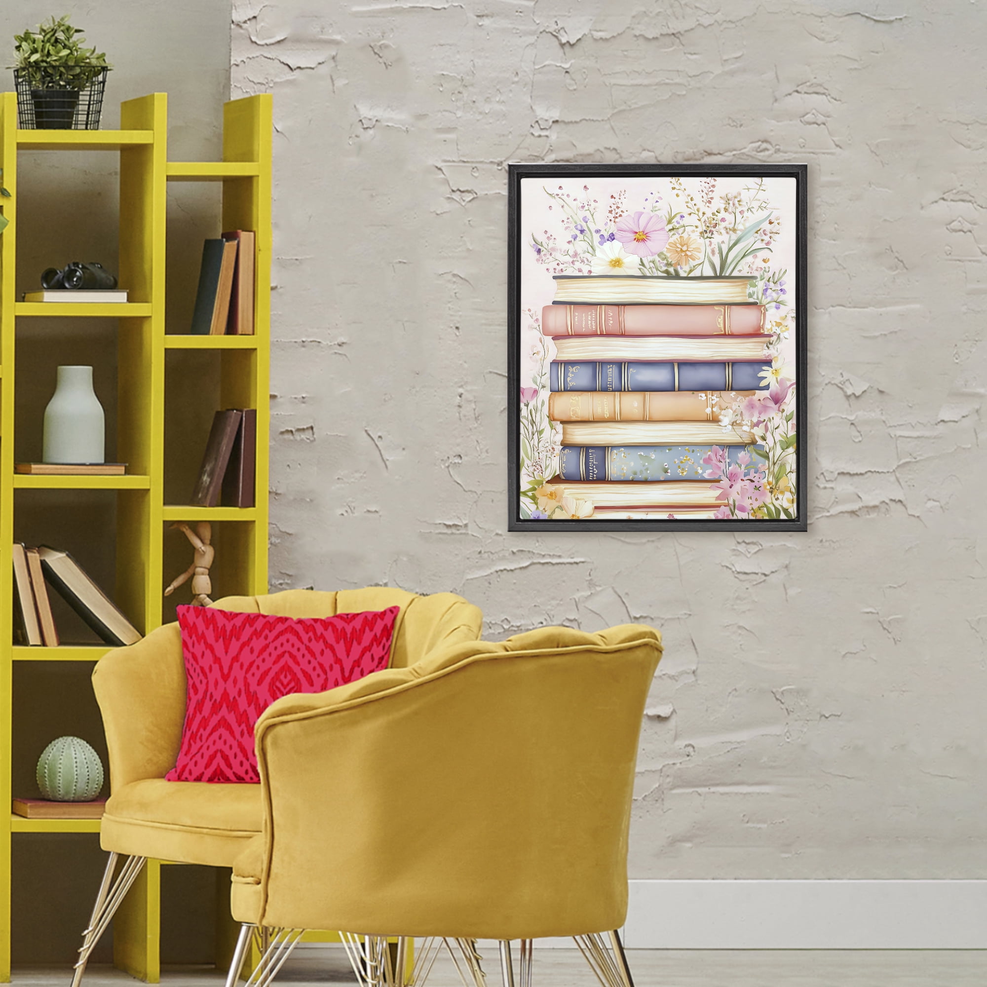 Stupell Industries Blooming Bookstack in Pastels Black Framed Floater Canvas Wall Art, design by LSR Design Studio