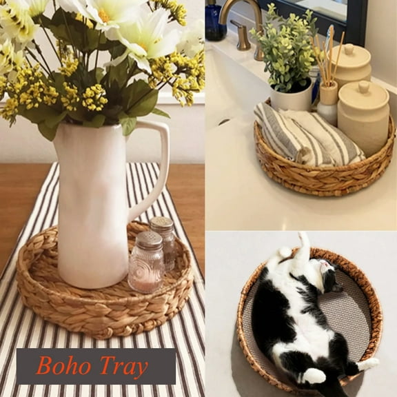 Serving Tray with Handles ,Round Rattan Woven Decorative Tray for Coffee Dining Table Centerpiece Home Decor