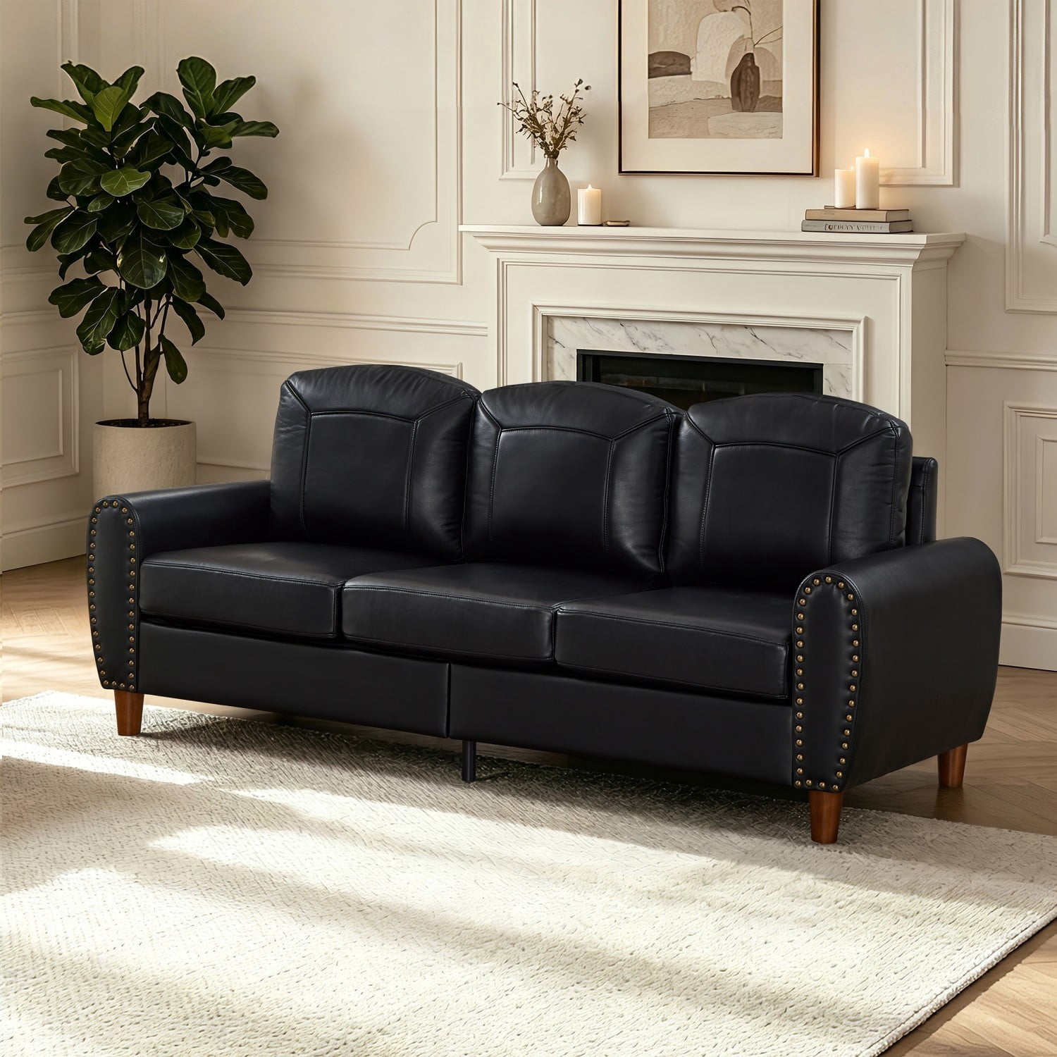 81.5" Classic Faux Leather Sofa Couch Rolled Arm Upholstered PU Leather Living Room Sofa with Solid Wood Legs, 3 Seater Couch for Home Office, Black