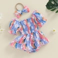 thumbnail image 3 of Newborn Baby Girls Summer Outfits Floral Daisy Romper Dress Ruffle Smocked Short Puff Sleeve Bodysuit Dress with Headband Set, 3 of 7