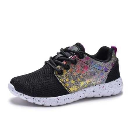 

Girls Sneaker Kids Shoes - Lace Up Tennis Shoes - Black & Rainbow - Size 10-4