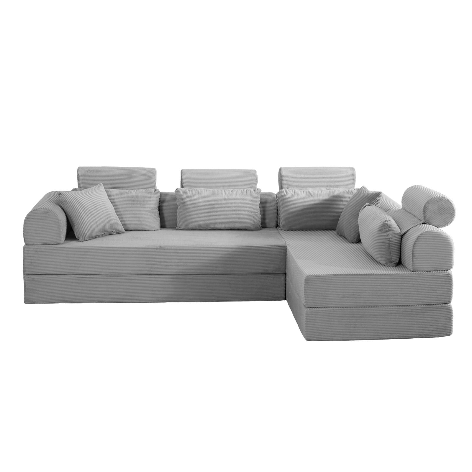 L-Shaped Sectional Sofa Converts to Bed, Corduroy Chaise Lounge with 28D High-Density Foam, No Assembly Compressed Couch for Apartments and Studios, Light Gray