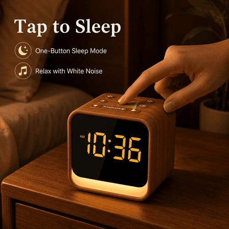 Wooden Sound Machine Alarm Clock for Bedrooms, Compact Digital Alarm Clock with 24 Soothing Sounds, White Noise Sleep Machine, Gentle Wake-Up Nature Sounds, Night Light, Plug-In Bedside Clock for Pho