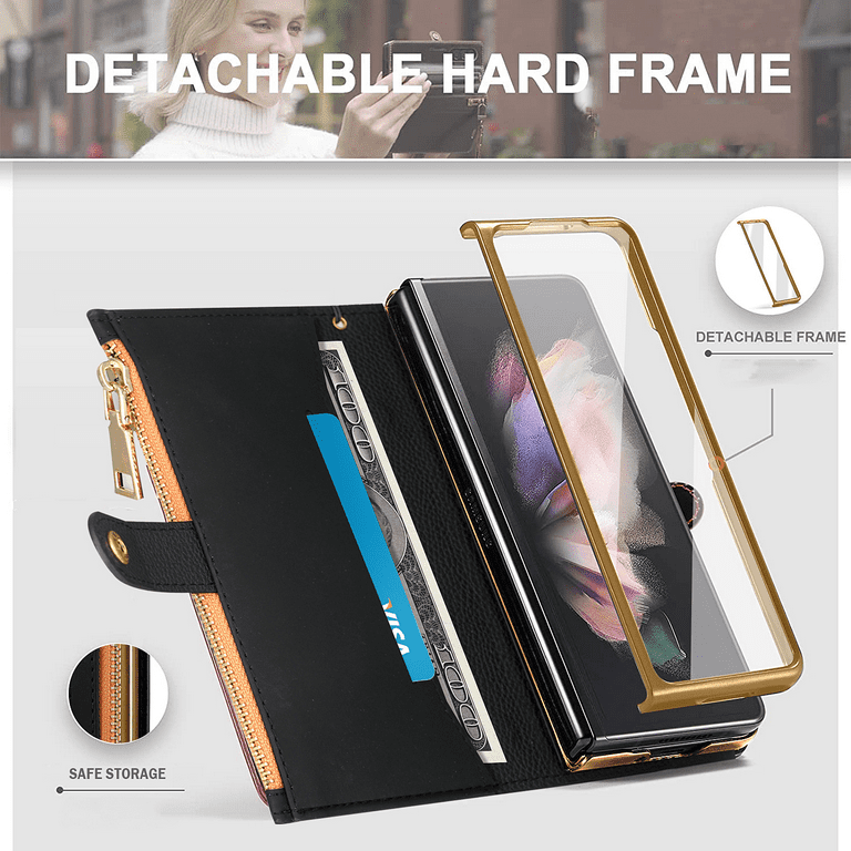 Wish For Samsung Galaxy Z Fold 4 Wallet Case with S Pen Holder,PU Leather  Zipper Case with Magnetic Closure Card Holder and Wrist strap S734 
