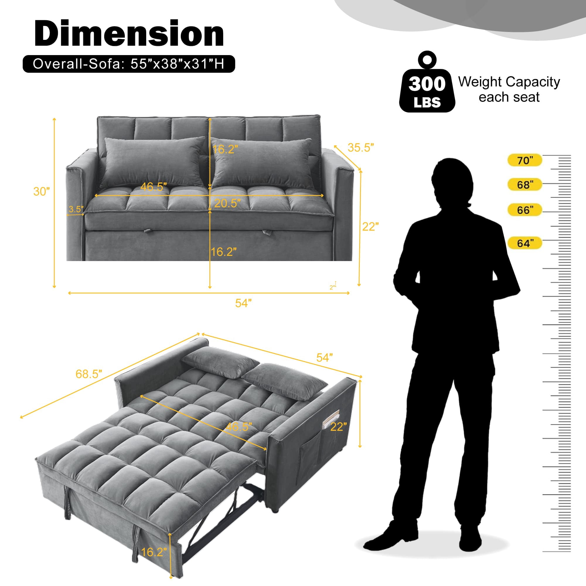 BSHTI 54" Fold out Sleeper Sofa Bed,Convertible Twin-Size Bed,With 3 Angles Adjustable Backres,Velvet Upholstery,Easy Assembly, Dark Grey