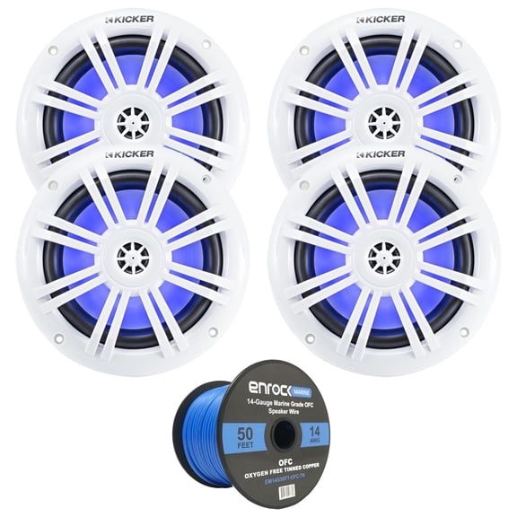 2 Pairs of Kicker 6.5" 4-Ohm 150-Watt Marine Coaxial Full-Range Rustproof Boat Speakers with Blue LED Lighting, Enrock 50 Foot 14-Gauge Tinned Speaker Wire