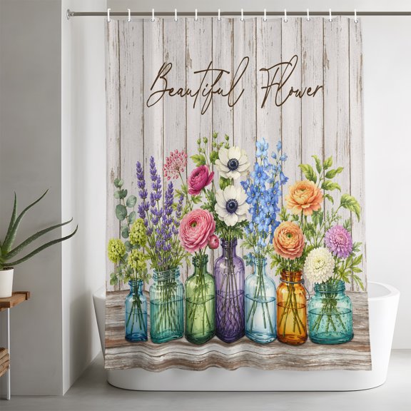 Shower Curtains for Bathroom-36"x72",Watercolor Botanical Floral Vases Waterproof Bath Curtain Grommet Shower Curtain Set with Hooks,