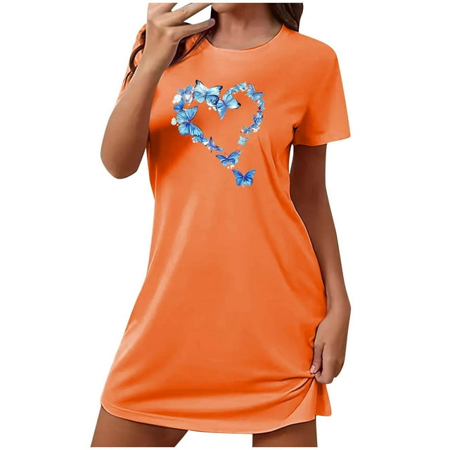 Peignoirs et Robes pour Femmes en Liquidation Robe de Nuit Courte Surdimensionnée pour Femmes Mode Imprimé sur la Poitrine Robe de Nuit à Manches Courtes Orange P