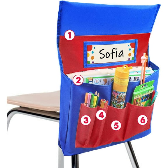 Nvzi Chair Back Pocket School Seat Chair Storage Pocket Organizer with Label Slot Multiple Pockets for School Home Classroom Preschool Daycare (Red Blue)