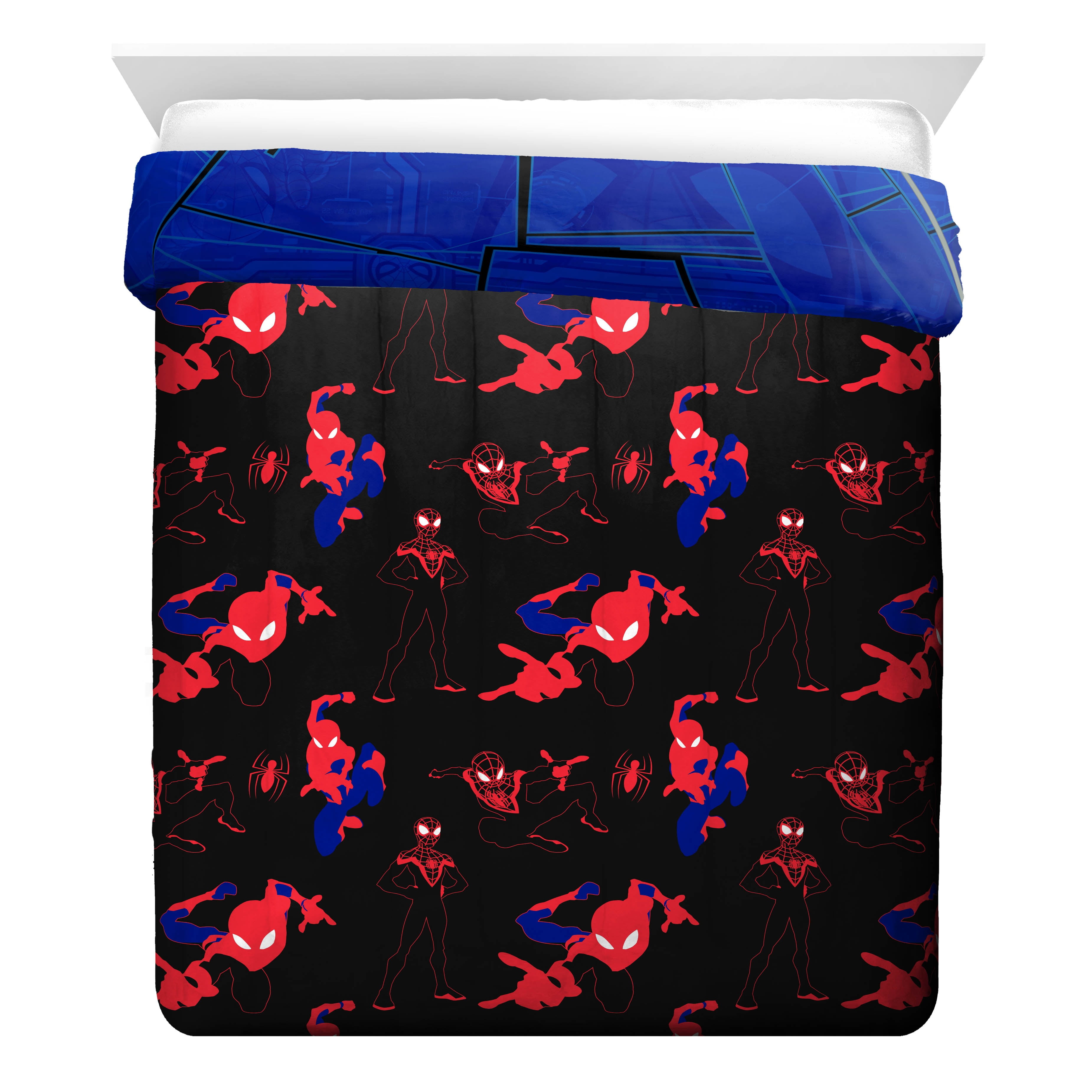 Spider-Man Classic Techno City 3-Piece 86" x 86" Reversible Queen Comforter and 20" x 30" Pillowcase Set, Polyester, Blue, Marvel