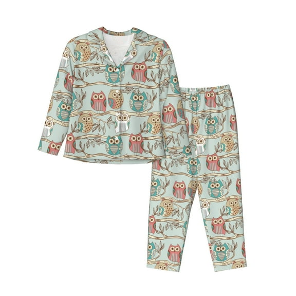 Hirioo Cute Owl for Women's Pajama Sets 2 Piece Pjs Women's Long-Sleeved Pajama Set Button Down Sleepwear,S-XXL-Small