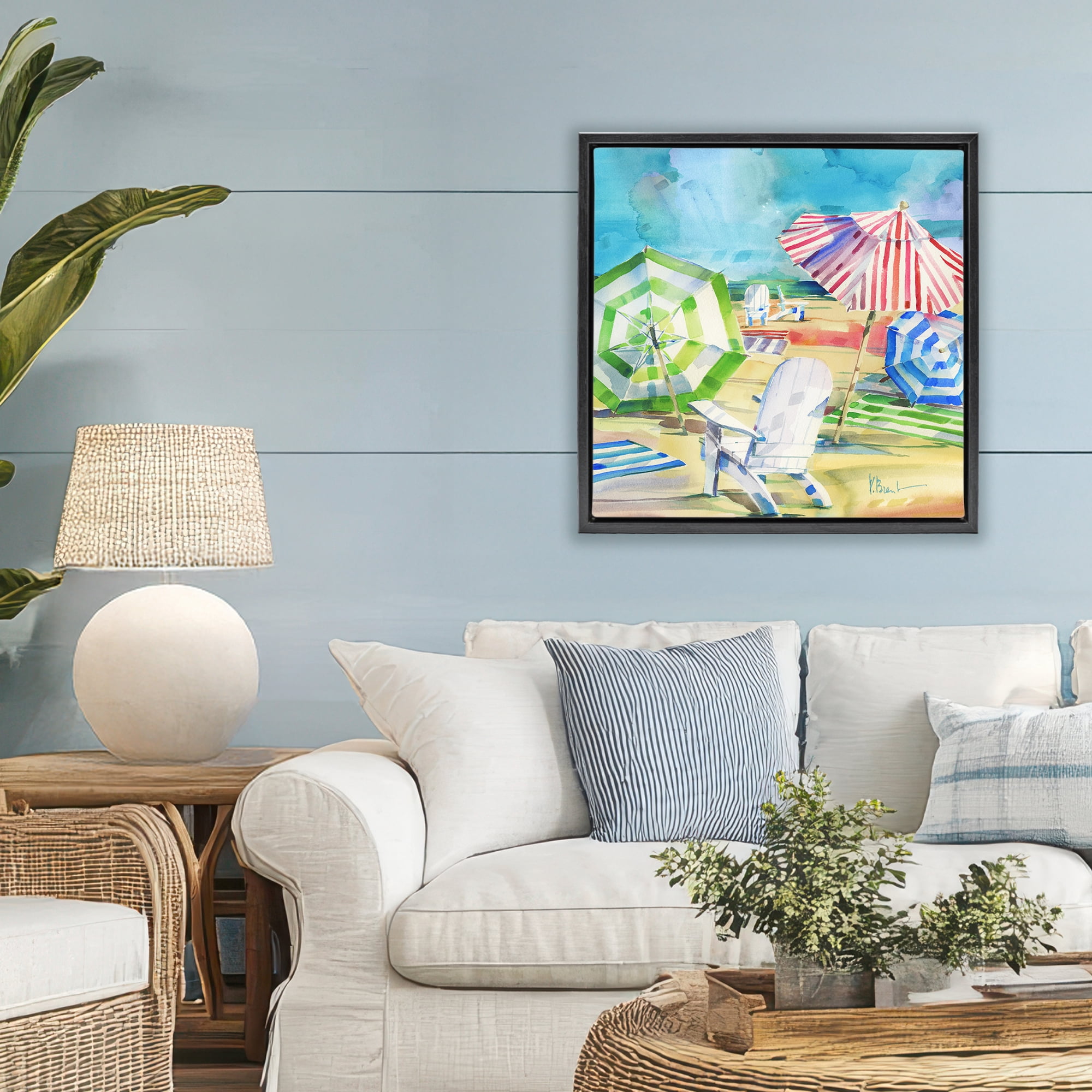 Stupell Industries Ventura Beach Umbrellas Black Framed Floater Canvas Wall Art, design by Paul Brent