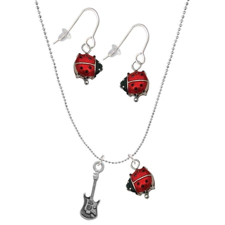 Delight Jewelry Silvertone Rock Star Guitar Red Lucky Ladybug Necklace and Dangle Earrings Set