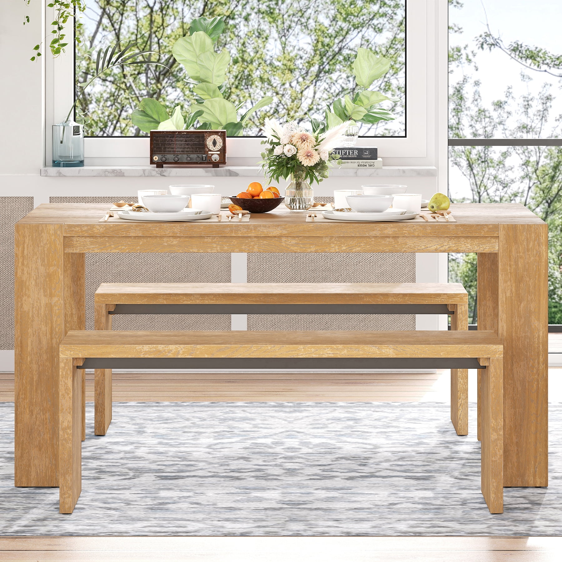 EUROCO 3-Piece Dining Table Set for 4, 60" Wood Kitchen Room Table Set with 2 Benches,Space-Saving Design for Apartment, Small Space and Breakfast Nook,Natural