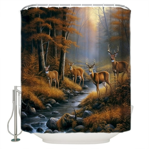 Deer in Shower Curtain, 60" x 72", the Forest Brown Trees with Creek Waterproof Bathroom Curtain Washable Shower Curtain Set with 12 Hooks