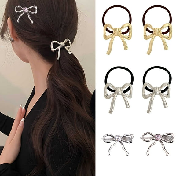 HZCrisp 6Pcs Gold and Silver Bow Hair Ties and Clips Set, Metal Heart Rhinestone Ponytail Holders and Stylish Hair Accessories for Women and Girls