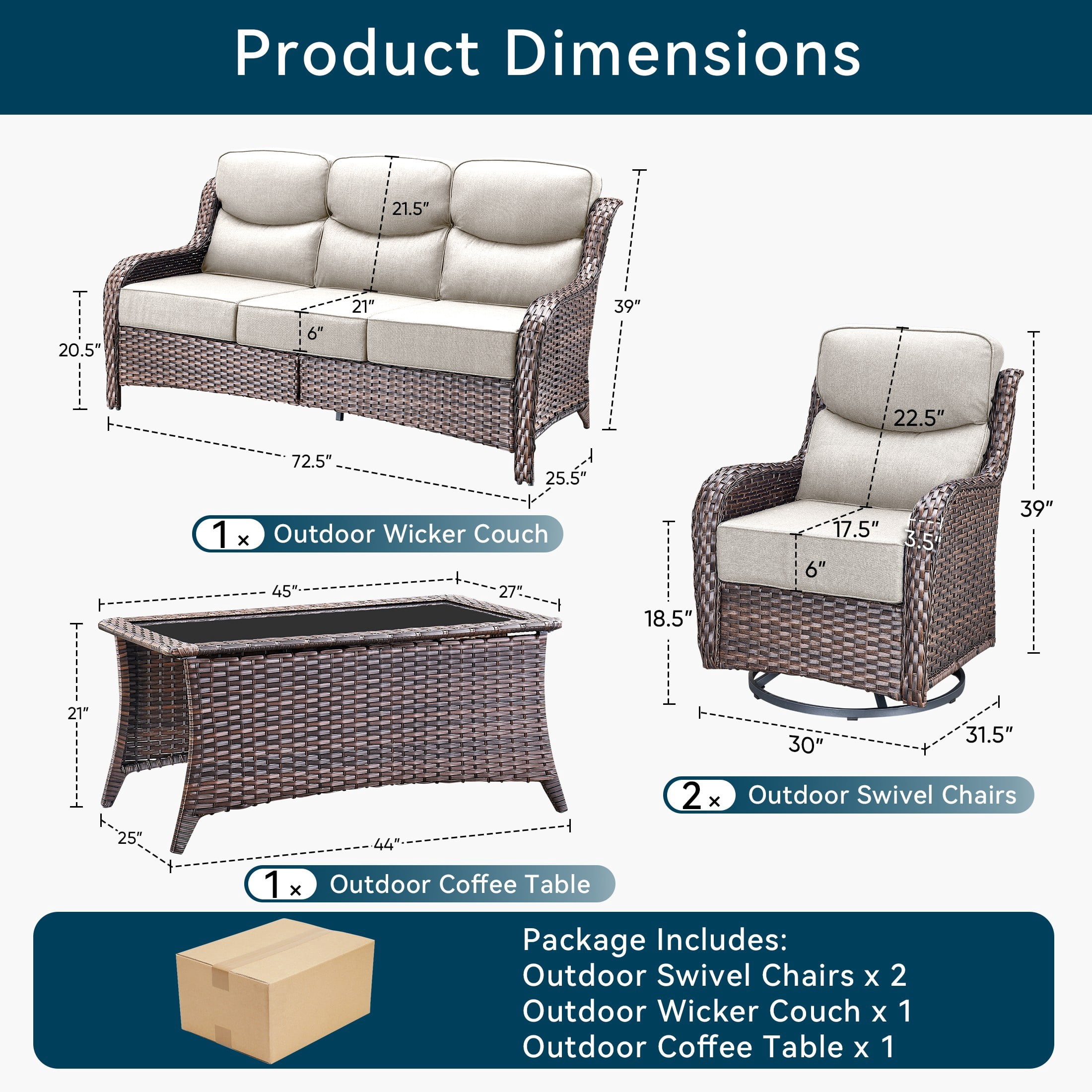Unnifurnzi 4 Pieces Patio Furniture Set-High Back Outdoor Swivel Chairs Set of 2 with Outdoor Wicker Couch Patio Conversation Sets for Deck Porch Poolside Balcony-Brown/Beige